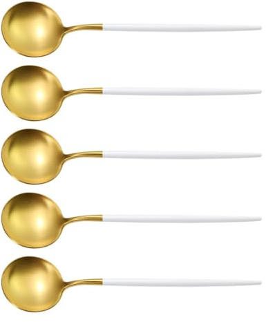 Ipetboom 5 Cucharas Soperas Pequeñas de Acero Inoxidable Redondas Cucharas de Sopa Mango para Cocina y Café Portátiles y Ligeras Ideales para Hogar Picnic y Cafetería