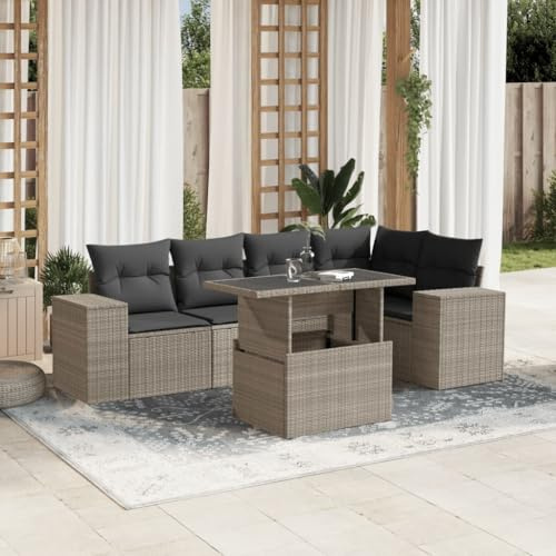 QUAHEAS 6-TLG. Garten-Sofagarnitur Hellgrau, Poly Rattan Lounge-Set mit Verstellbarem Esstisch, Modulare Outdoor-Möbel für Terrasse und Balkon
