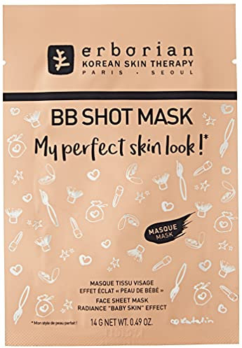 Erborian BB Shot Mask, Masque en Tissu Visage, Effet Éclat Peau de Bébé, Soin du Visage Coréen, Transparent, 14 g