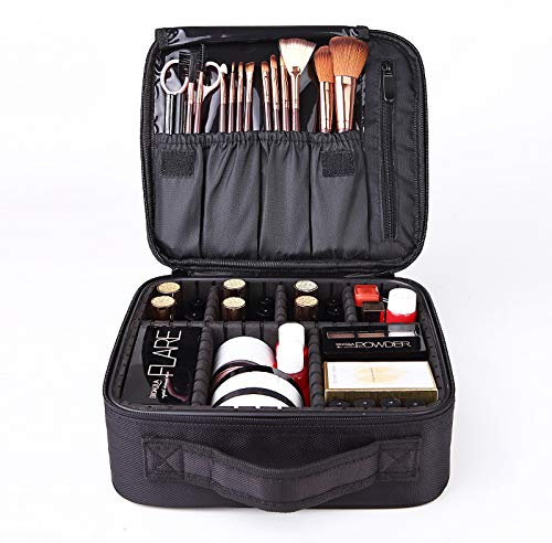 Schminktasche mit Bürste, wasserdichte Make-up-Aufbewahrungstasche für kosmetische Organizer, großvolumige Aufbewahrungsbox für Toilettenartikel mit verstellbaren Fächern (schwarz)