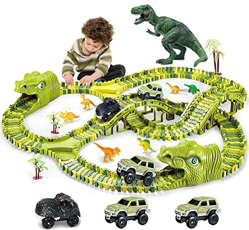 burgkidz Giochi di Dinosauri Pista da Corsa, 260 Pezzi Tracce Playset con 3 Auto e 7 Giocattoli, Regalo Educativo per Bambini