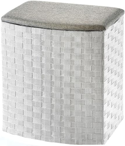 Kobolo Wäschebehälter aus Nylon | weiß/grau | 45x33x53 cm | robuster Wäschesammler | Wäschebox für Textilien | Wäschekorb mit Deckel | Wäschetruhe mit modernem Design für Badezimmer & Schlafzimmer