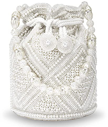Aheli Indian Potli Bags for Women Evening Bag Clutch Ethnic Bride Purse with Drawstring (White Embellished) Mothers Day Gifts for Mom