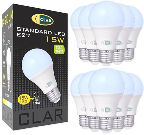 CLAR - Lampadina LED E27 15W Luce Fredda, E27 LED, Lampada a Risparmio Energetico (Pack 10)
