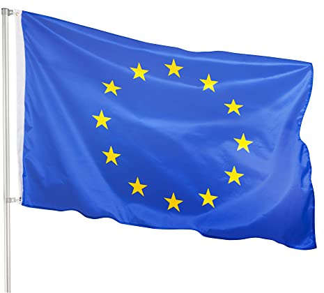 PHENO FLAGS Bandera Premium Europa 90x150 cm – extremadamente resistente a la intemperie - ojales metálicos - tecnología especial de sellado – doble dobladillo - colores brillantes y vivos