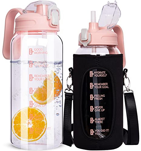 DEARRAY 2 litri / 2l Borraccia Acqua Vetro Motivazionale con Cannuccia & Orari per Bere Grande Bottiglia Vetro Caraffa Vetro Brocca Acqua Vetro Borosilicato