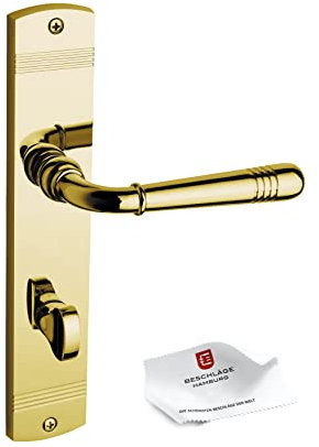 Beschläge Hamburg | Türgriff Türbeschlag | EMILY ART 70-09 MPu WC | Türklinke mit Bad Verriegelung Langschild 45x235 mm für Zimmertüren | Drückergarnitur/Türdrücker für Innentür | in messingfarben
