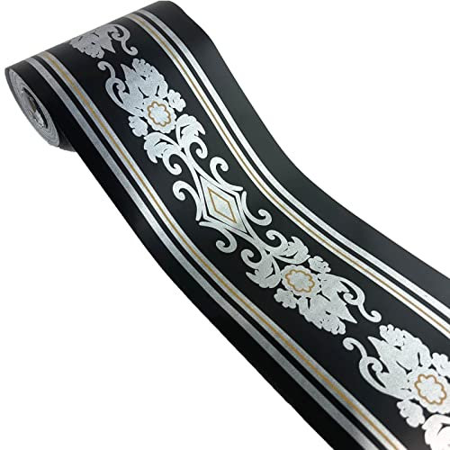 Mesoar 5 Meters Self Adhesive Vintage Black Silver Floral Pattern Wallpaper Border Peel Stick Decorative Ceiling Sticker Molding Border