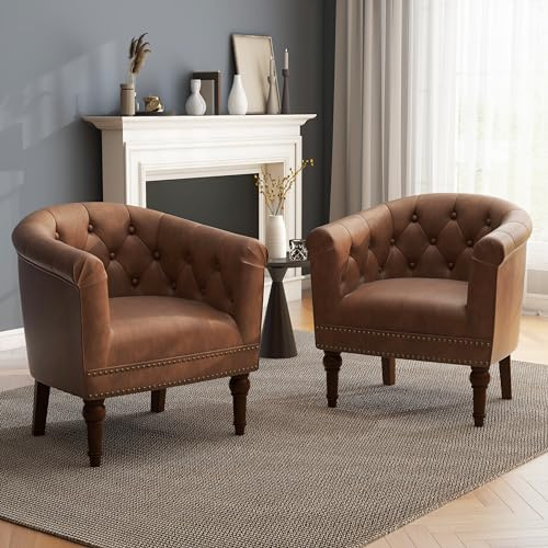 UIXE PU Leather Barrel Club Chairs Set of 2, Modern Arm Accnet Chair Comfy Upholstered Armchair, Nailhead Trim Living Room Single Sofa Reading Seat Bedroom Side Sitting for Office, Brown