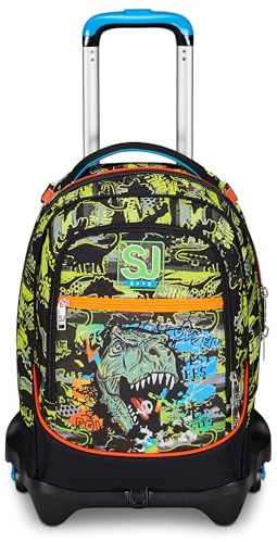 SJ Gang Schultrolley Jack 3 Räder, Grün Orange, Rexmi, 3 in 1, Dreifachverwendung, Rucksack mit abnehmbarem Wagen, Trinkflaschenhalter und Crossover System, Schulrucksack für Reisen, Kinder Jungen,
