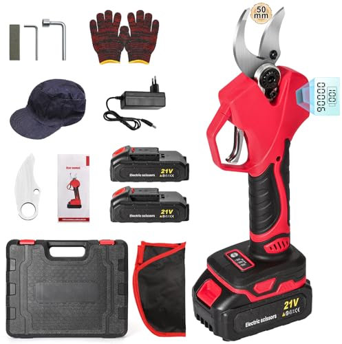 Forbice Potatura a Batteria, 1000W Cesoie Potatura Elettriche Professionali con 2 Batterie, Diametro di Taglio di 50mm, Display LCD, Forbici Potatura a Batteria per Giardini, Fruttetti, Fattoria