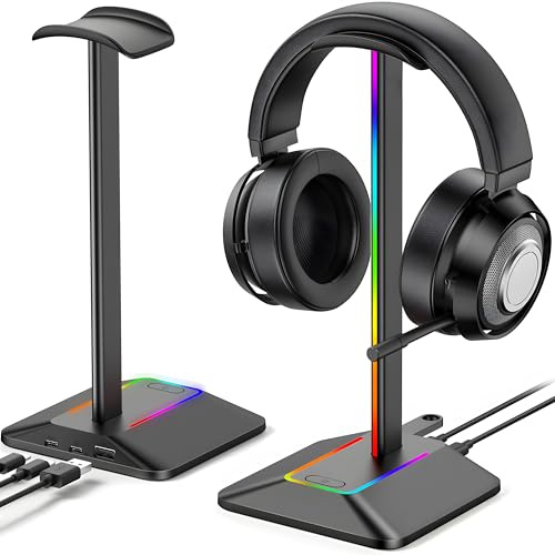 Retoo Soporte para Auriculares RGB Universal HUB USB Soporte de Juego y Pantalla Adecuado para Mesa de 22,4 x 10,8 x 11,3 cm, Color Negro