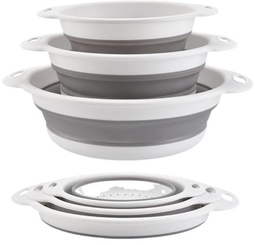 Surwin 3PCS Colador de Cocina, Grande Pequeña Combinación Cocina Plegable Colador de Silicona, Colador de Silicona de Portátil,Escurridor Pasta para Frutas,Verduras (Blanco)