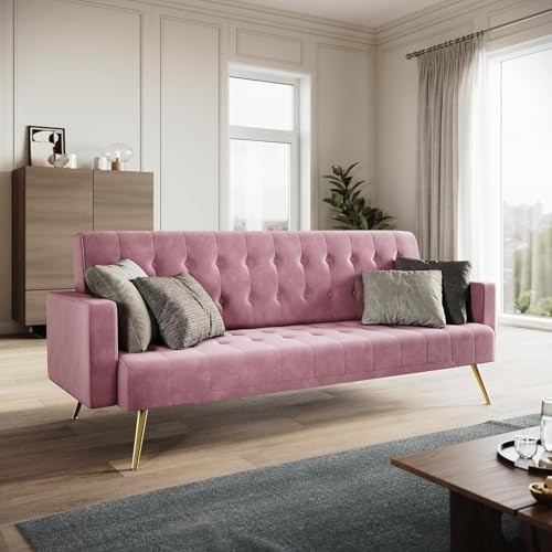 ELEGANT 3 Seater Sofa Bed 191cm, Pink Velvet Sofa Couch with Square Armrest