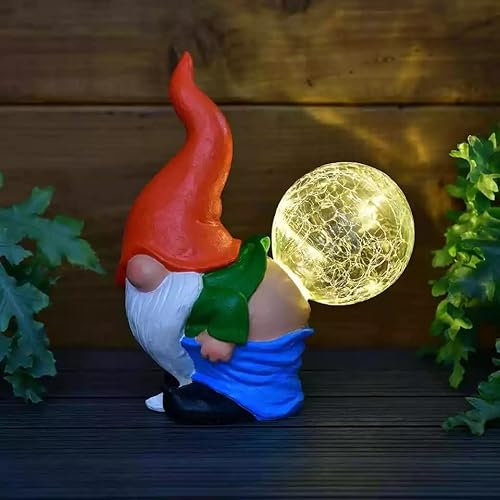 New Cute Solar Powered Orange Solar Mooning Gonk with Crackle Ball Garden Ornament with Warm White LED Outdoor Garden Decor (Red)