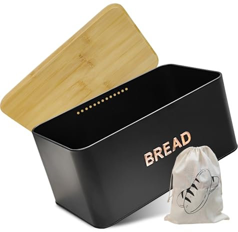 OTNBGSR Boîte en métal utilisable comme planche à découper, pour conserver le pain longtemps et garder au frais, équipée de sacs à pain en coton, 33 x 19 x 15 cm (noir)