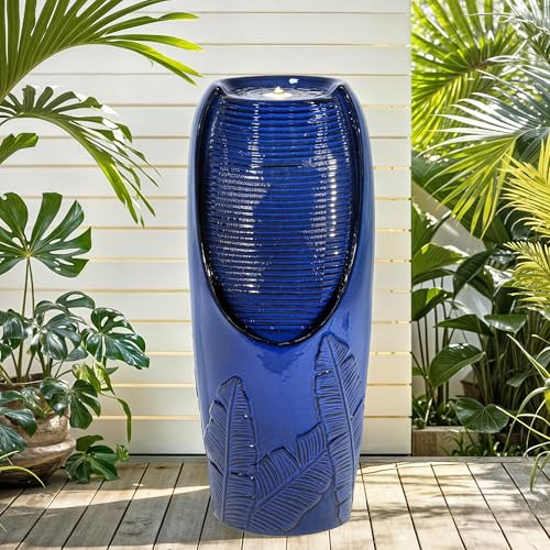 Autodaya 33 Tall Outdoor Garden Fountain with LED Lights, Modern Ceramic Jar Water Fountain, 3D Tropical Leaf Pattern, Cobalt Blue Glaze, Soothing Cascading Waterfall for Relaxing Patio, Yard, Porch
