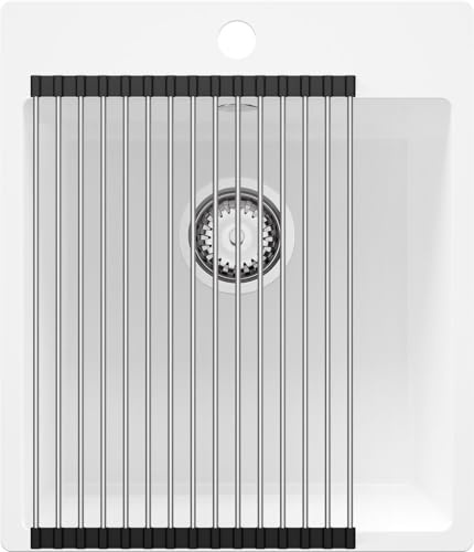 PRIMAGRAN Evier Cuisine en Granit Blanc 43x50cm, Lavabo 1 bac + Kit de Vidage + Égouttoir Enroulable, Évier à Encastrer au Meuble 45cm - Riga S194