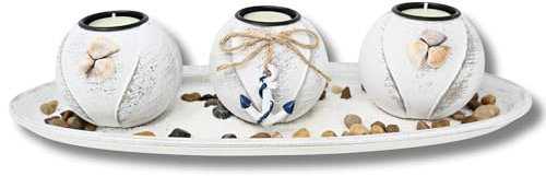 damaloo Set di portacandele in stile marittimo con ancora, decorazione marittima per soggiorno, bagno e decorazione da tavolo, portacandele in legno con pietre, articolo decorativo per roulotte -
