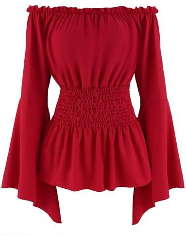 Maeau Damen Mittelalter Kleidung Renaissance Rüschenbluse Steampunk Vintage Langarmshirt Schulterfrei Viktorianische Bluse L