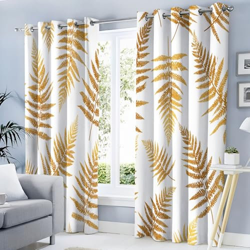 MLSOWM Tropical Plants Blackout Curtains Golden Fern Leaves Thermal Eyelet Curtains Ring Top Gold Window Drapes for Living Room, Bedroom W 66 x L 54 2 Panels