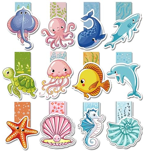 Magnetische Lesezeichen Kinder, 12 Stück Lesezeichen Magnetisch im Meeres-Tiere Design, Mitgebsel zum Kindergeburtstag, Geschenk zur Einschulung, Kleine Geschenke für Schüler, Jungen und Mädchen
