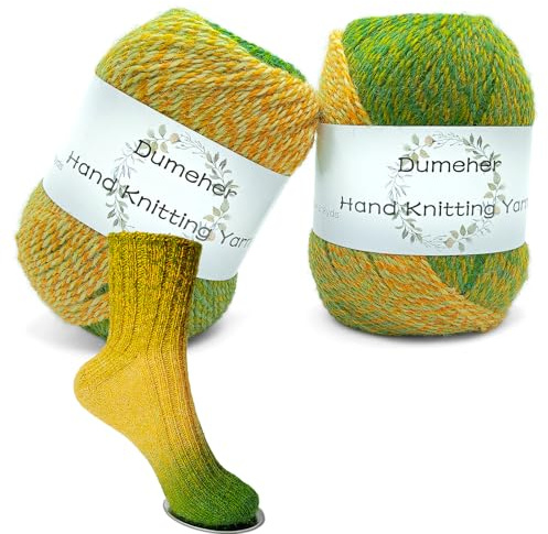 Dumeher 2 gomitoli di lana per calze, per lavorare a maglia e all'uncinetto, con sfumatura di colore, in 80% lana vergine e 20% nylon, 50 g/200 m/1 rotolo di filato, verde giallo