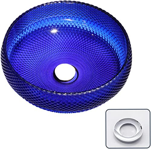 Ceramic Bathroom Family Exquisite Sink Countertop Bathroom Vessel Family Exquisite Sink in Crystal Glass, Counter Top Basin, Round Art Wash Basin with Waterfa,Blue-Singlebasin