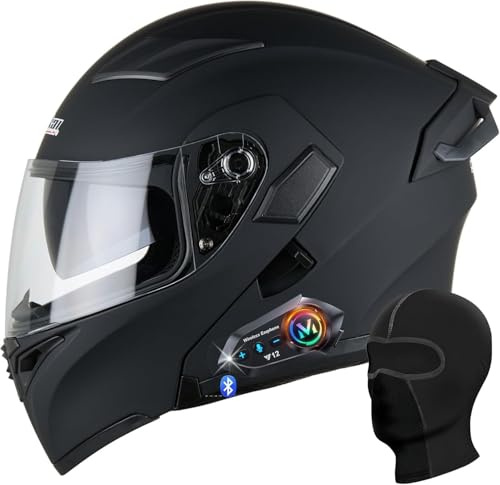 Motorcycle Helmet with Bluetooth Flip-Up Helmet, ECE/DOT Certified, Full Face Helmet with Double Visor, Anti-Fog, Breathable Moped Helmet for Adults with 190° Field of View A,L=59-60cm