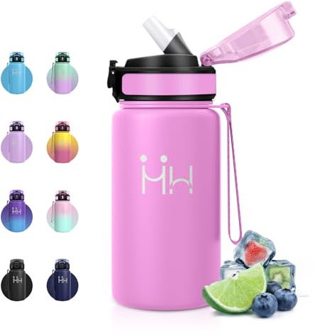 Botella Agua Acero Inoxidable 500ml, Botella Acero Inoxidable con Pajita, Termo sin BPA, a Prueba de Fugas, Fácil de Abrir, Termo Agua para Escuela, Gimnasio, Colegio, Excursiones