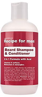 RECIPE FOR MEN Shampoo e balsamo per la barba 2 in 1 - Deterge, ammorbidisce e districa con antiossidanti delle bacche di Acai, per tutti i tipi di pelle