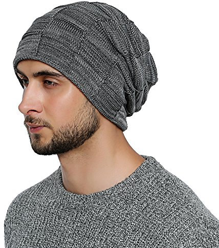 DonDon Mütze Herren Wintermütze Slouch Beanie Strickmütze mit warmen Fleece Innenfutter grau weiß