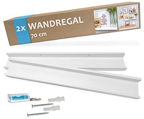 PHOTOLINI Set di 2 mensole per Quadri in Materiale MDF Bianco 70 cm, compreso Materiale di Fissaggio | mensola per Galleria Fotografica | mensola da scaffale | mensola da Parete | mensola portafoto