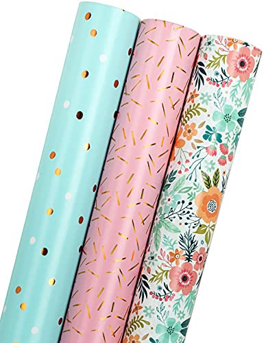 Holijolly Papierrolle, Mini-Rolle, 43 cm x 3 m, Pink & Blau & Blumen-Design (3,87 Quadratmeter)