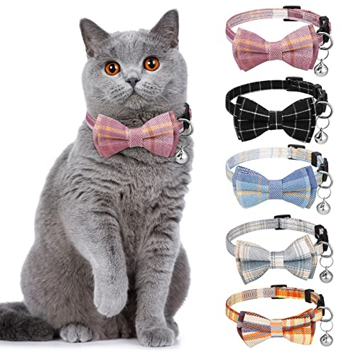 AKlamater 5Pcs Cat Collars with Bow Tie Breakaway Cat Collars Quick Release Safety Kitty Collars Adjustable Pet Collars for Cats, Kitten, Small Pet