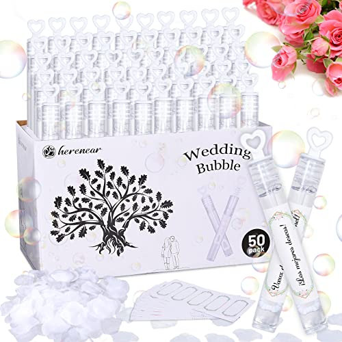 Herenear Seifenblasen Hochzeit Set, Hochzeitsdeko mit 50 Seifenblasen, 50 Beschriftbare Aufkleber, 100 Blütenblätter, Seifenblasen Hochzeit Herzform, Wedding Bubbles Kinder Geburtstagsfeier