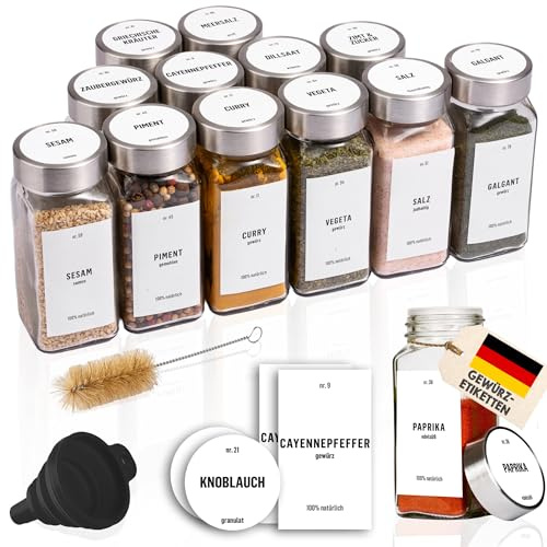 Deco Haus Juego 12 Tarros Especias con Tapa Rosca - Etiquetas, Embudo, Cepillo, Marcador - Va con Nuestros Estantes para Condimentos - Almacenamiento y Dispensador Vidrio Transparente 120ml 10.5x4.3cm