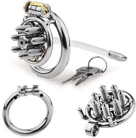 Jpscor Edelstahl mit Spikes Keuschheitskäfig Metall Peniskäfig Herren Flat Chastity Cage Male Sklave Cock Cage SM Bondage Penis Käfig Keuschheitsgürtel Extrem Sexspielzeug für Männer(mit Katheter50mm)