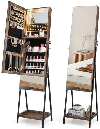 GOPLUS Schmuckschrank mit Ganzkörperspiegel, Spiegelschrank Schmuck mit LED-Beleuchtung, freistehender Schmuckspiegel mit Ablage, Schmuckorganizer für Schlafzimmer (Rustikales Braun)