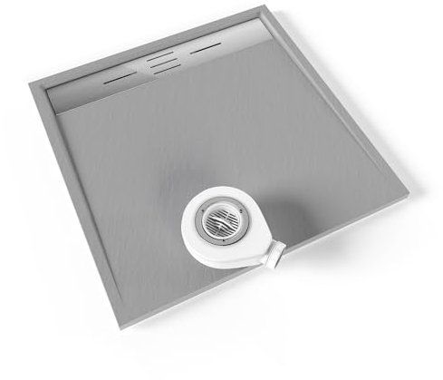 Moments of Glass Plato de ducha SMC Hiemal 90x90 cm, Gris RAL 7030 – Antiderrapante, Textura Pizarra, Antibacteriano, Resistente a agentes químicos – Incluye válvula y rejilla Inox