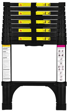 HBTower Scala telescopica da 3,2 metri con piedini antiscivolo, leggera scala pieghevole in alluminio per soppalchi, camper, esterni ed interni, capacità di 150 kg.Nero