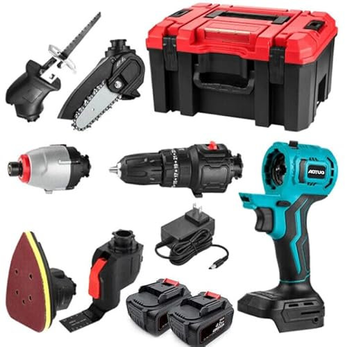 Strumento Multifunzione 6 in 1, Utensile Multifunzione Rotante con Accessori, Trapano Seghetto Sega Levigtrice Avvitatore, 750W, 1450-10000 RPM, 2 Batterie, Fai da Te Lavoretti Casa