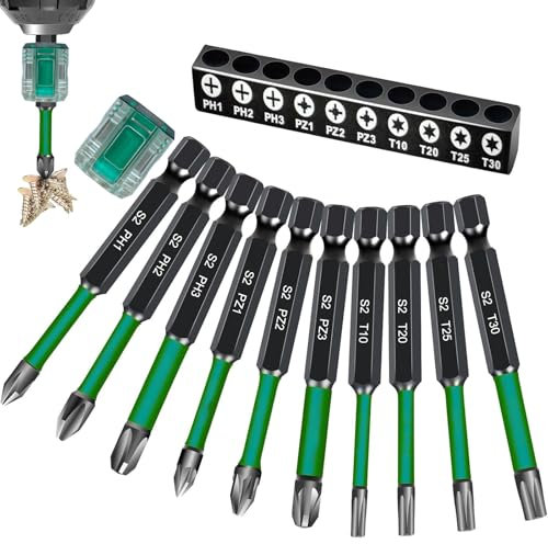 BAKESHU 70mm Long Screwdriver bit Set,Ph1 Ph2 Ph3 Pz1 Pz2 Pz3 T10 T20 T25 T30 Magnetic Head bit Set with one magnetiser,1/4’ Hexagonal Shank