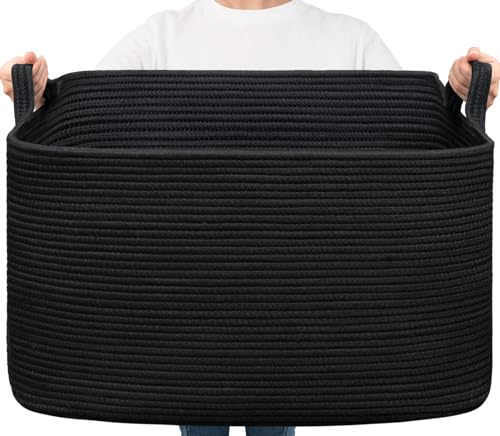TIMEYARD Panier de rangement rectangulaire extra large de 85 L en corde de coton pour couvertures, oreillers, jouets, vêtements sales tissés pour linge, 60 x 40 x 35 cm, noir