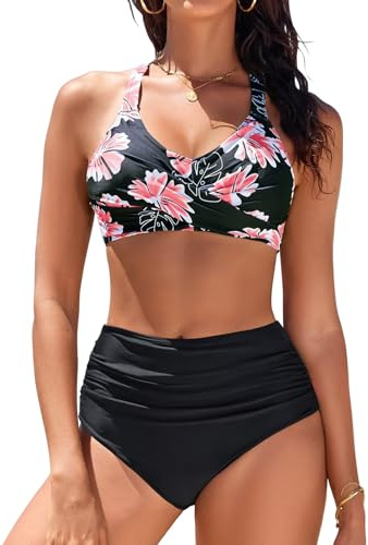 heekpek Costume Donna Due Pezzi Vita Alta Bikini Mare Costumi da Bagno Donna Curvy Push Up Imbottito Scollo a V Crociato Davanti Swimsuit, B, M