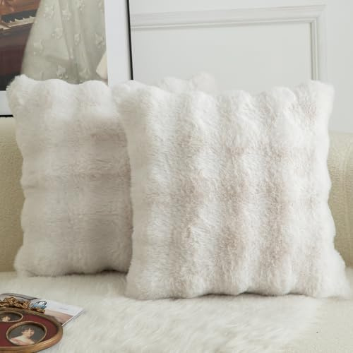 Mandioo 2er Set Luxus Dekorativ dicken Woll Kissenbezug Super Soft Wave Blase Plüschwolle werfen Kissenbezüge Zierkissenbezüge Sofakissen Schlafzimmer Kissenhülle für Sofa 50x50cm Cremeweiß