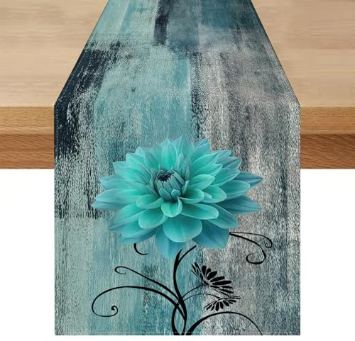 Camino de Mesa Moderno Verano Exteriores 40 x 140 Estilo Campestre Azul Verdoso Flores Dalias Retro Lavable Centro de Mesa Decorativo para Cocina Mesas de Comedor Fiesta Interior y Exterio