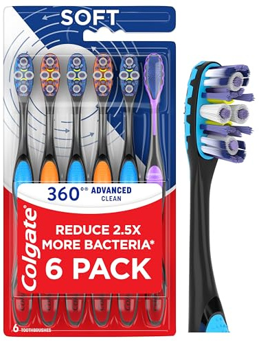 Colgate 360 Advanced Clean Adult Soft Toothbrush Pack, 6 Soft Bristled Toothbrushes with Cheek and Tongue Cleaner, Helps Clean Your Teeth, Tongue, Cheeks, and Gums, 6 Pack