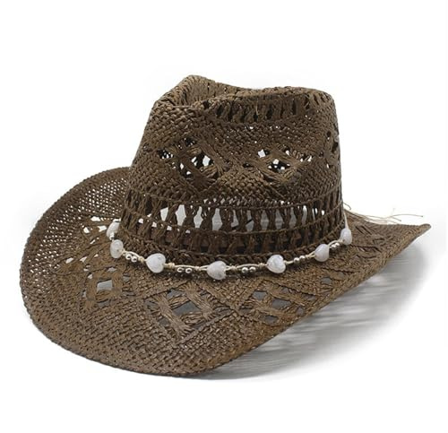 Beach Summer Straw Cowboy Hats Men & Women's Summer Cowboy Cowgirl Straw HatHollow Out Style Roll Up Brim Holiday Beach Elegant Boho Style Vintage Style Panama Fedora Hat Brown