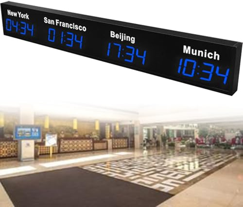 Grande Orologio Mondiale Digitale a LED con Visualizzazione Di 3/4/5 Fusi Orari, Ideale per Hotel, Aeroporti e Aziende Multinazionali,Blue-4City